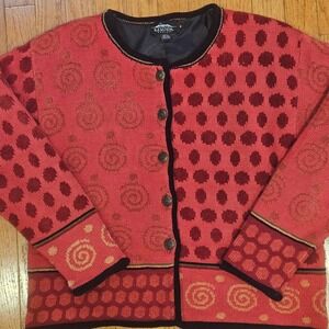 Icelandic Nordic Cardigan M Red Fully Lined Geometric Swirl Dot Knit Sweater